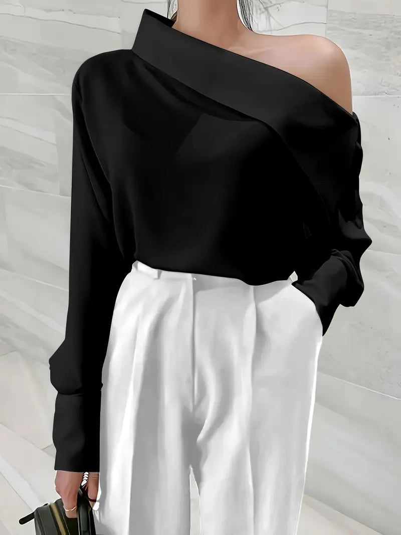 Women'S Elegant Off-Shoulder Asymmetrical Neck Blouse - Long Sleeve, Solid Black