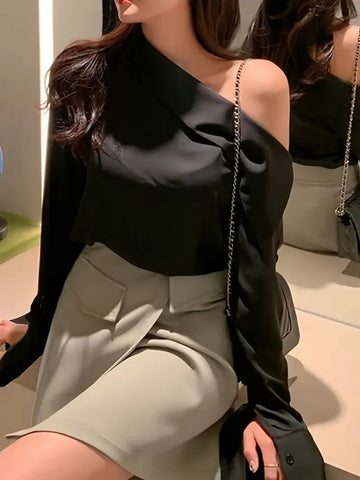 Women'S Elegant Off-Shoulder Asymmetrical Neck Blouse - Long Sleeve, Solid Black