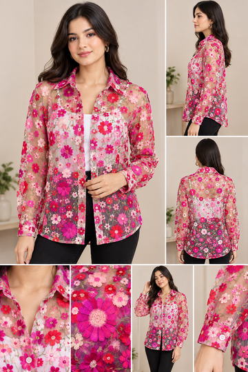 Women’s Premium Pink Floral Embroidered Sheer Shirt