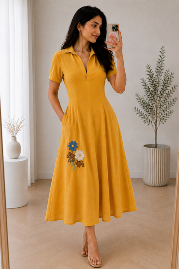 Elegant Mustard Yellow Embroidered Dress