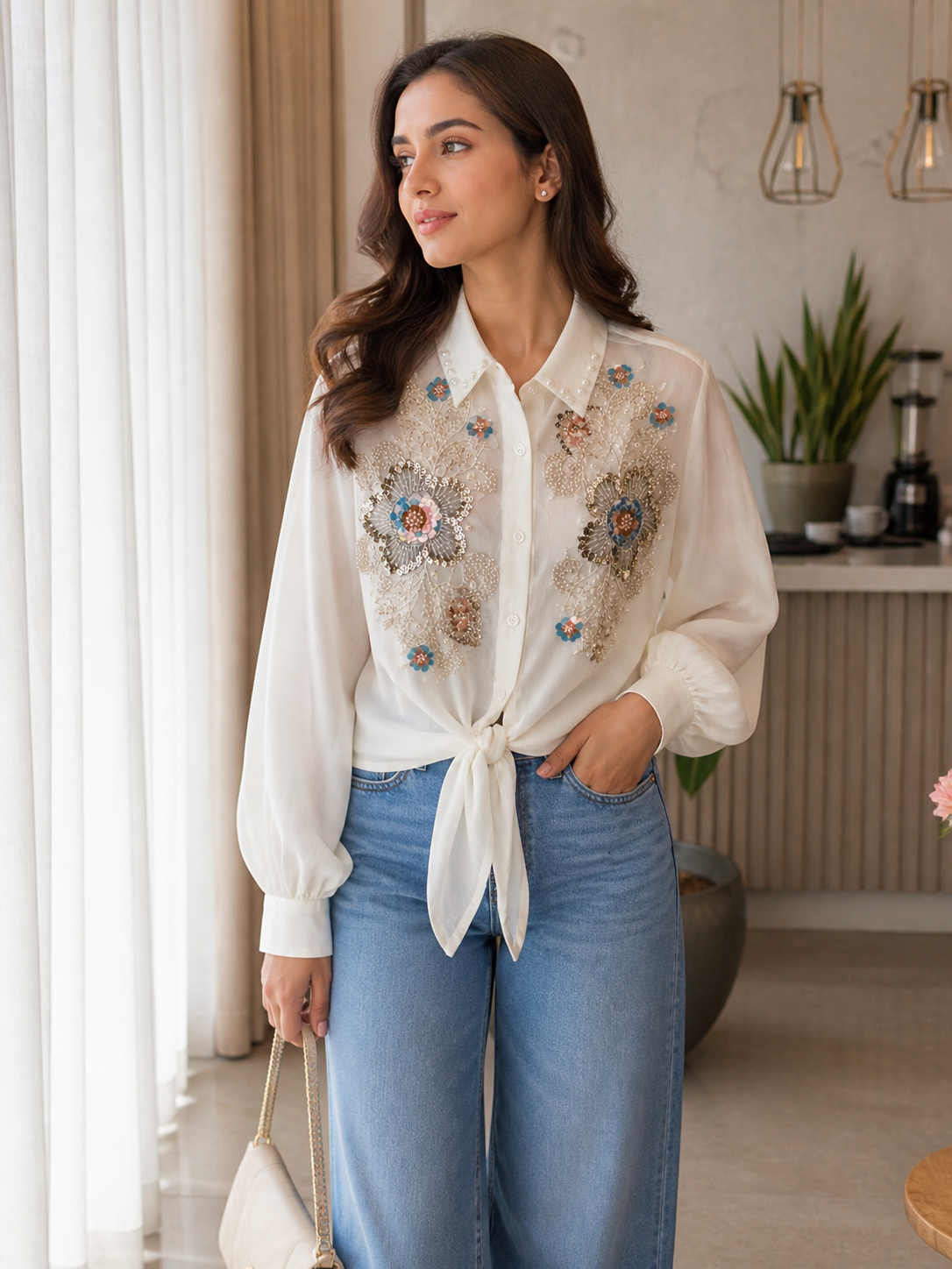 Elegant Embroidered Viscose Rayon Women Shirt