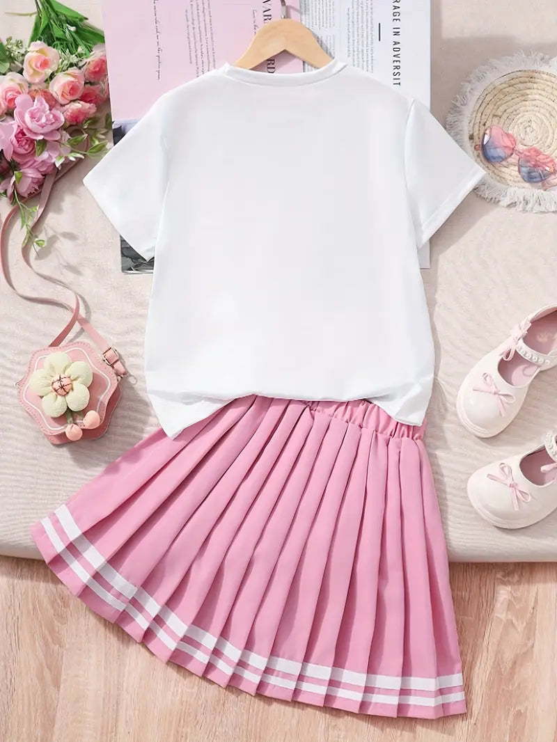 Cute Knitted Summer Girls' Fashion Short Sleeve Round Neck T-Shirt and Elastic Waist Pleated Skirt Set