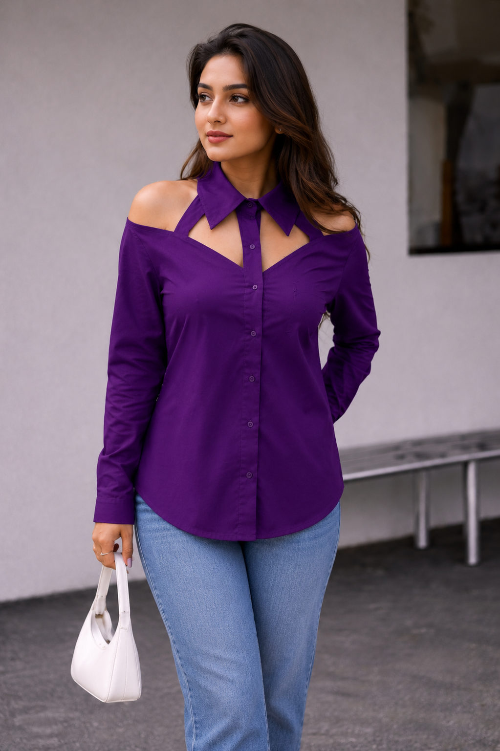 Cold Shoulder Cut-Out Shirt – Purple