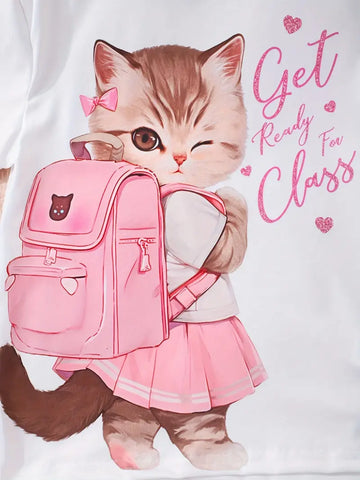 Cute Knitted Summer Girls' Fashion Short Sleeve Round Neck T-Shirt and Elastic Waist Pleated Skirt Set