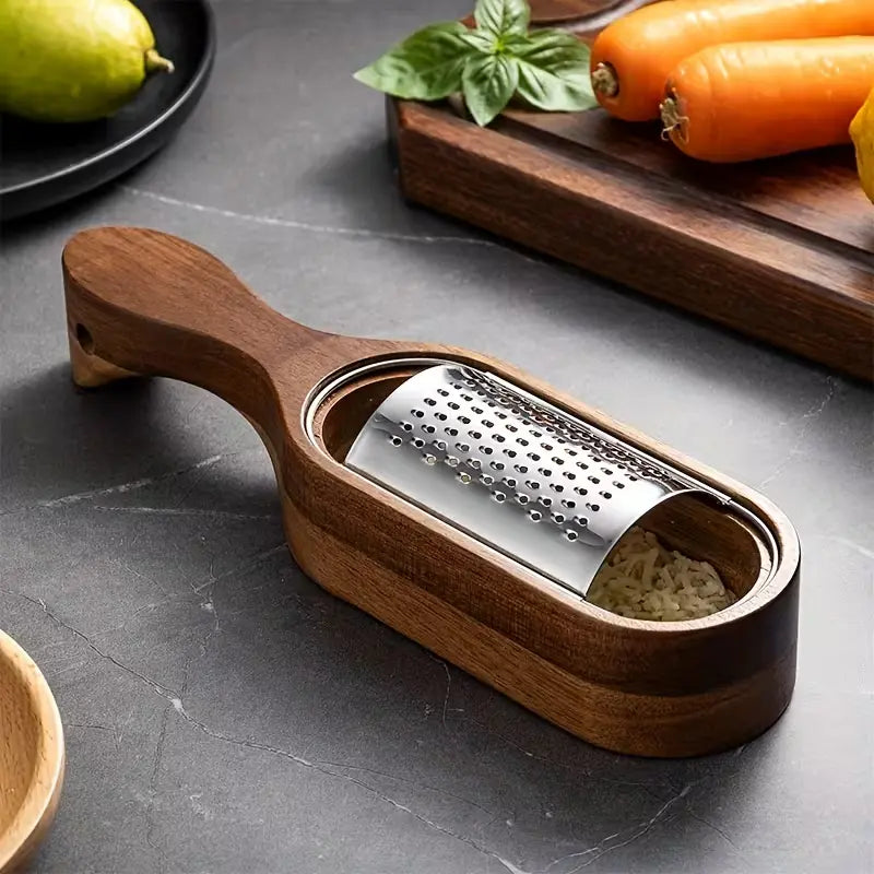 Stainless Steel Cheese Grater with Handle, Acacia Wood Solid Wood Material,Ginger, Garlic, Vegetables, and Fruits - Durable and Easy-to-Use Kitchen Gadget,