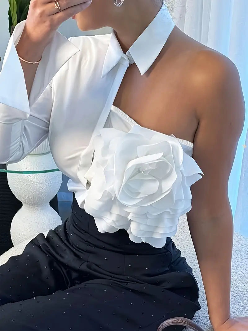 Elegant Women's Top Shirt with Ruffled Neckline Offshoulder Styling