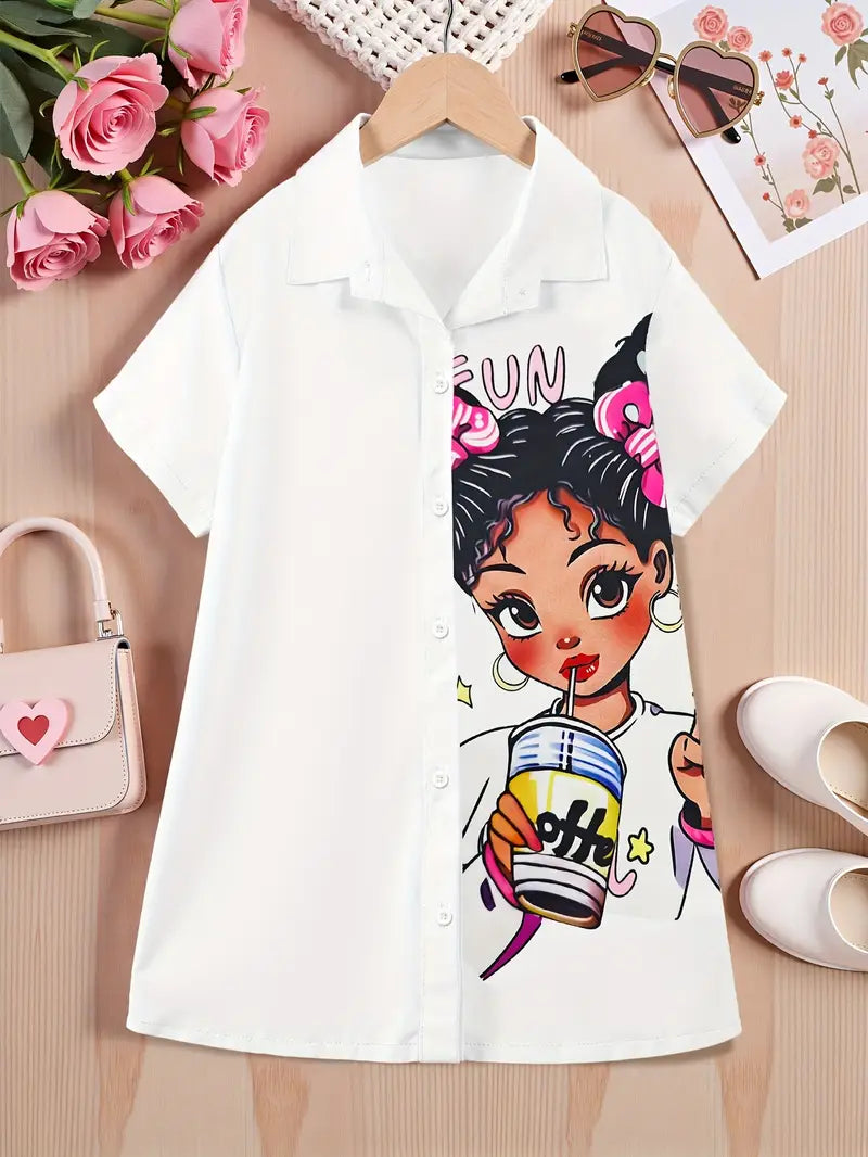 Girls' White A-Line Summer Dress with Playful Character Portrait Print