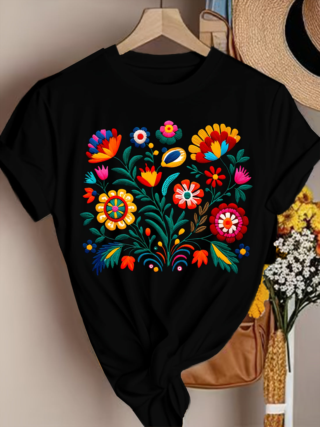 Floral Color Letter Print T-shirt,