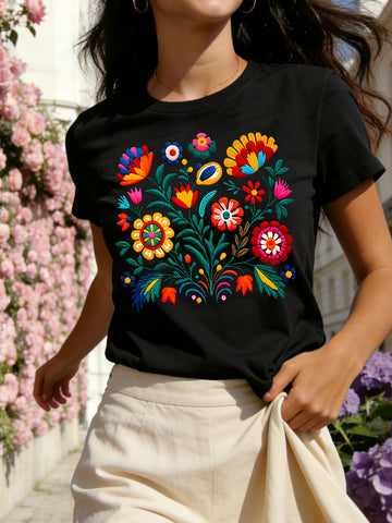 Floral Color Letter Print T-shirt,