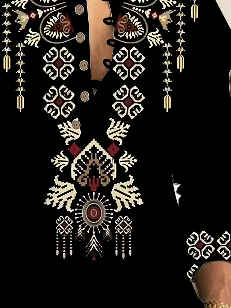 Men's Casual Long Sleeve Button-Up Shirt - Black with Red & Golden Geometric Print, Stand Collar