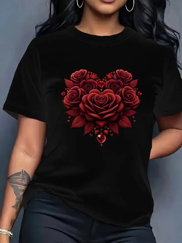 Women'S Floral Rose Heart Print T-Shirt