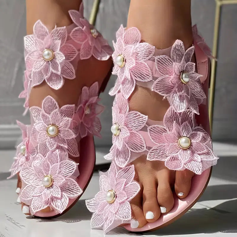 Faux Pearl Women's Flowers Flat Sandals