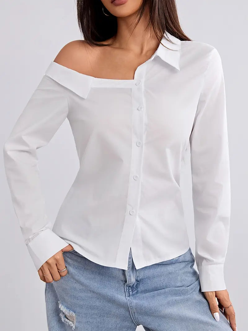 Stylish One-Shoulder Long Sleeve Blouse - Chic Solid Color, Button Front,