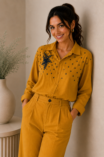 Mustard Yellow Floral Embroidered Shirt