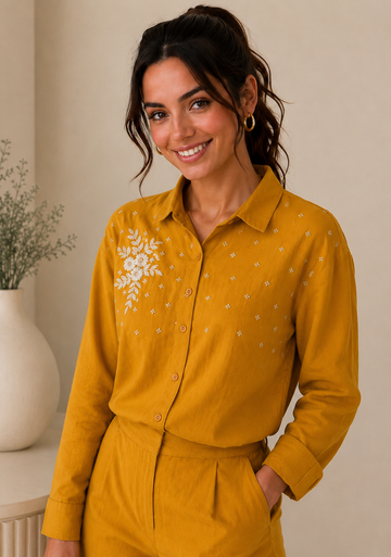 Floral Embroidery Full Sleeve Casual Shirt