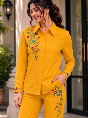 Mustard Yellow Floral Embroidered Shirt & Pant Co-Ord Set