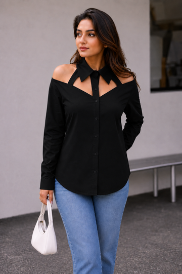 Cold Shoulder Cut-Out Shirt - Black