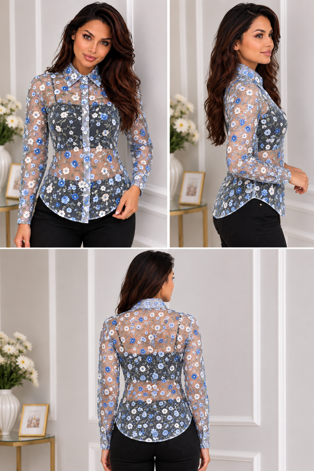 Women’s Floral Embroidered Sheer Net Shirt