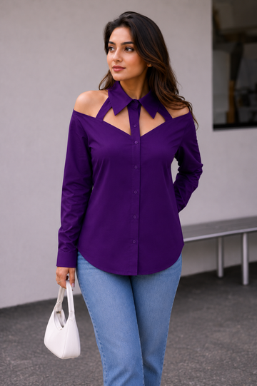 Cold Shoulder Cut-Out Shirt – Purple