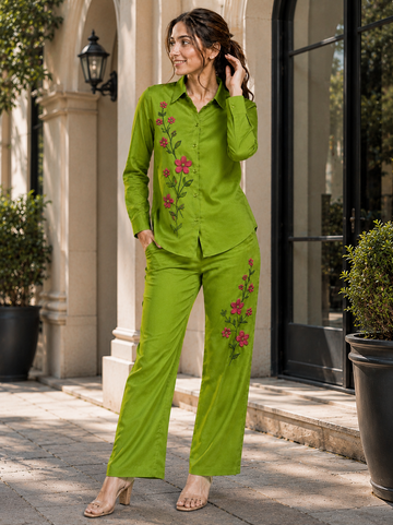 Women’s Premium Green Rayon Viscose Co-Ord Set with Floral Embroidery