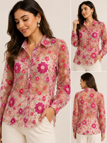 Women’s Floral Embroidered Sheer Net Shirt