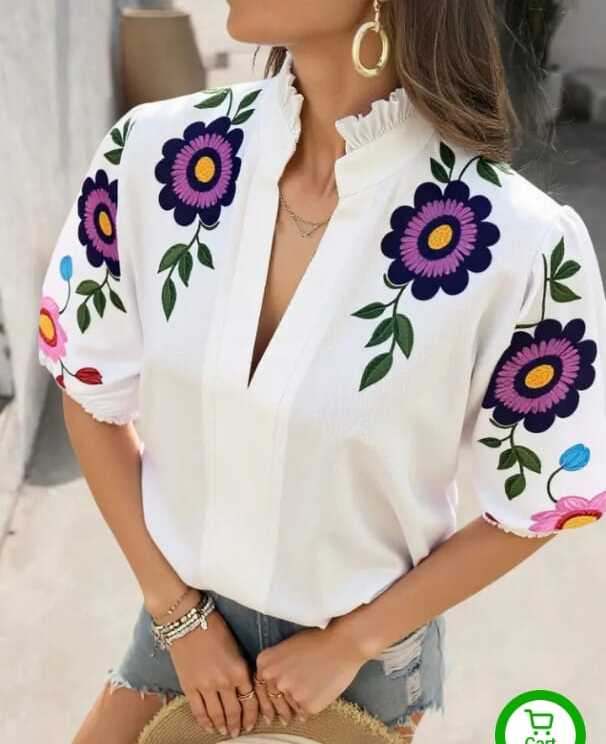 New Fashion V- neck Short Sleeved Women hand painted Top
