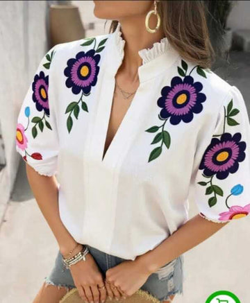 New Fashion V- neck Short Sleeved Women hand painted Top