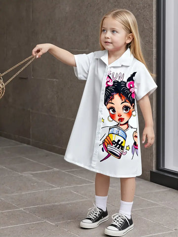 Girls' White A-Line Summer Dress with Playful Character Portrait Print
