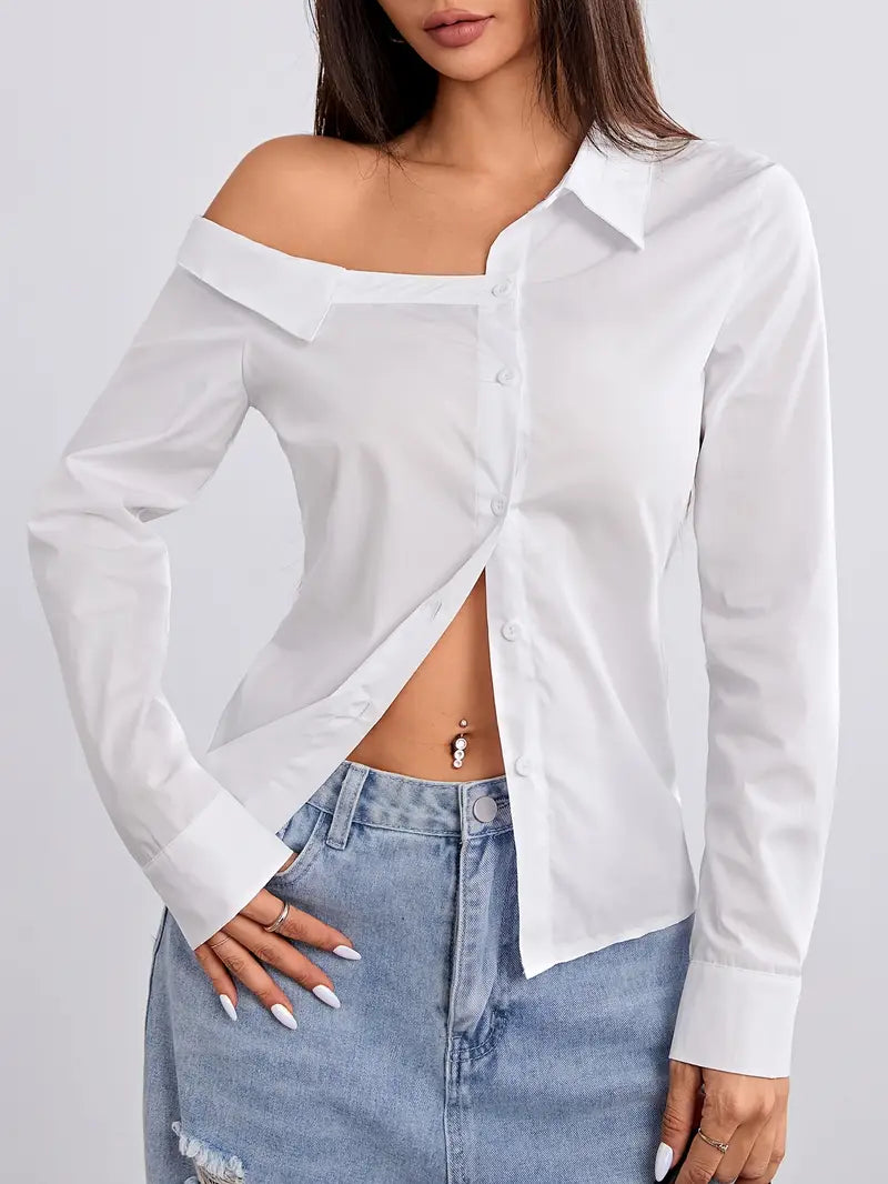 Stylish One-Shoulder Long Sleeve Blouse - Chic Solid Color, Button Front,