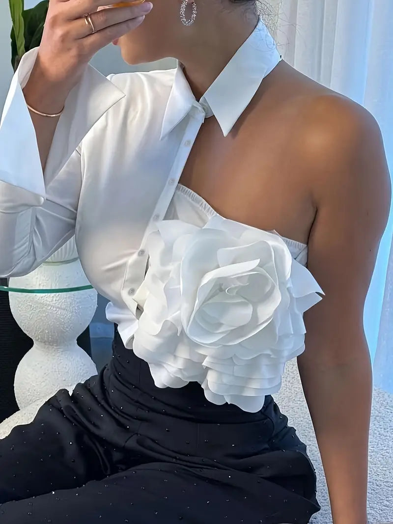 Elegant Women's Top Shirt with Ruffled Neckline Offshoulder Styling